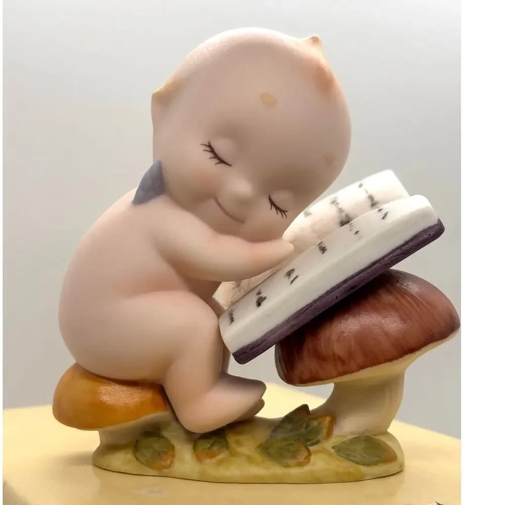 VTG Kato Kogei Rose O'Neill Monthly Kewpie Doll w/Book Sitting on Mushrooms, Box